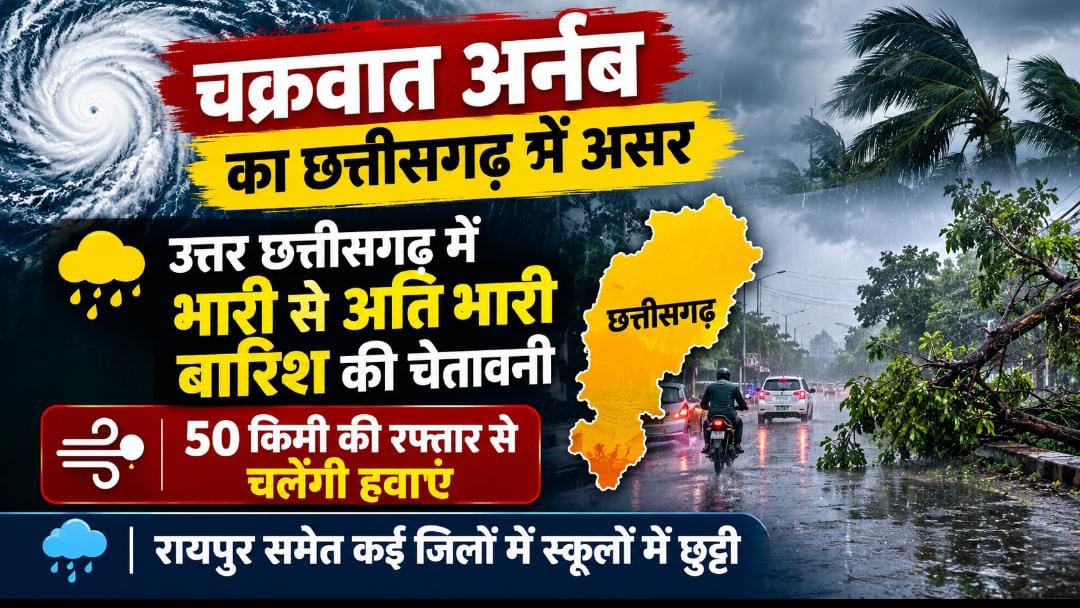 छत्तीसगढ़ में अर्नब का असर: उत्तर के 6 जिलों में भारी बारिश का अलर्ट, 50 किमी की रफ्तार से चलेंगी हवाएं